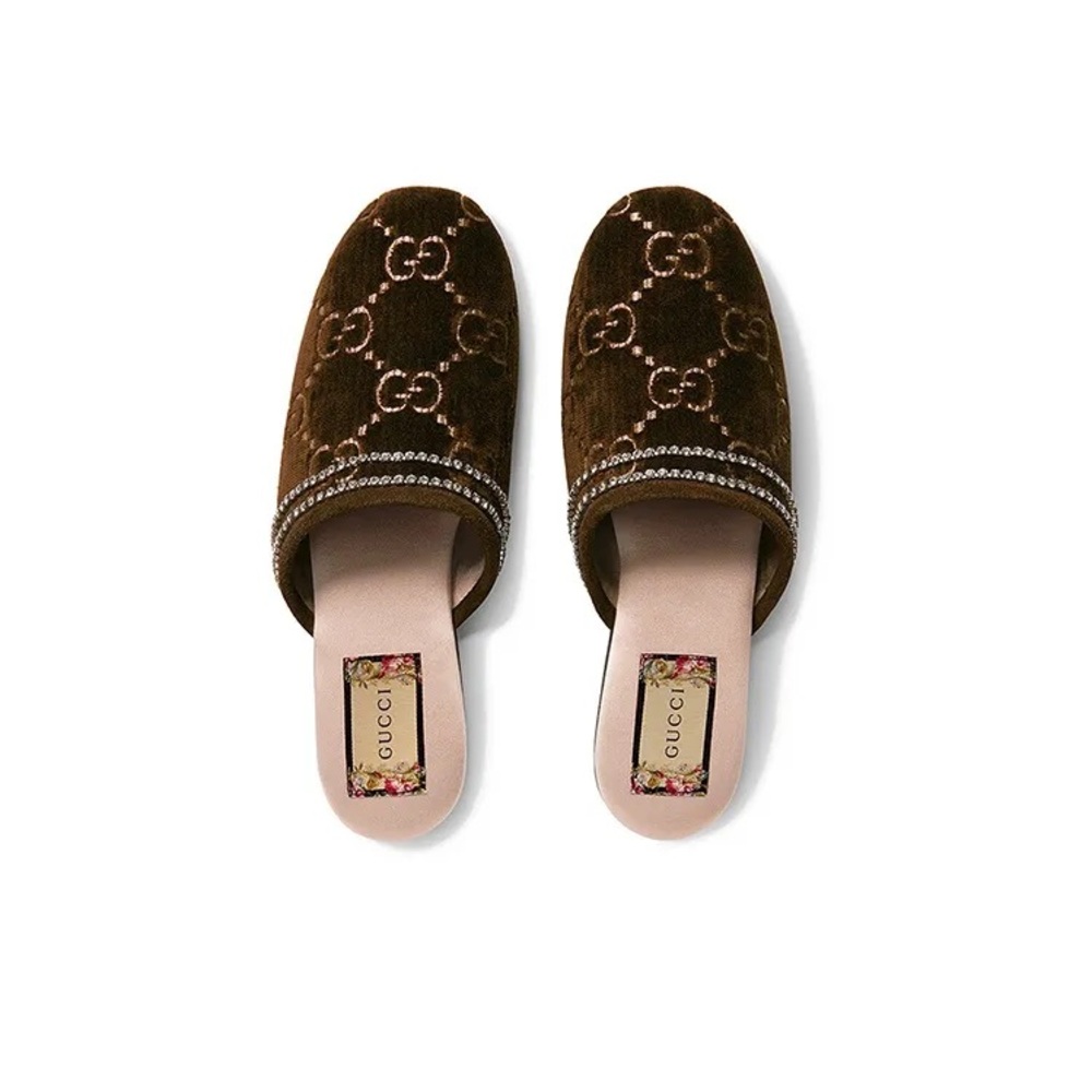 Velvet GG Monogram Crystal Womens Slipper Brown Vintage Cocoa